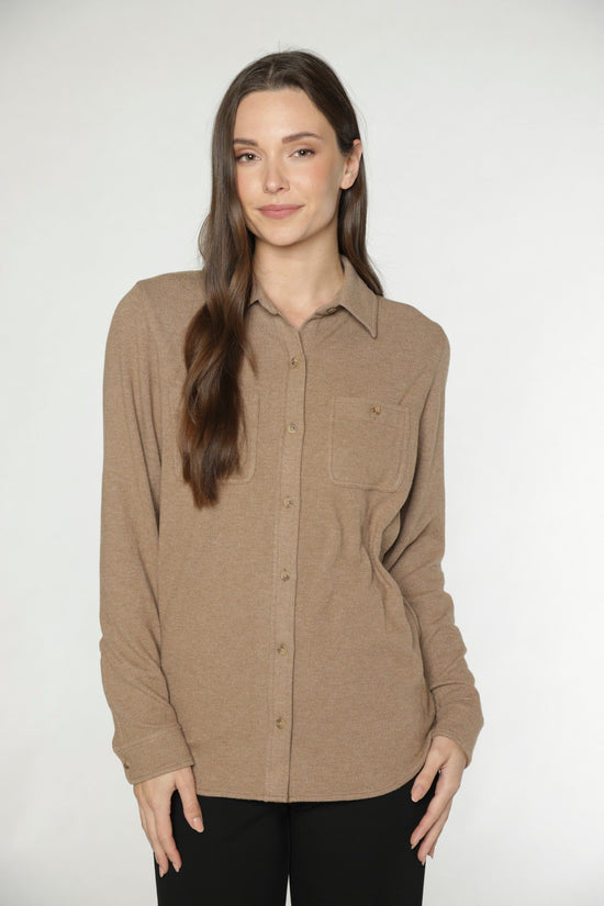 WEEKENDER KNIT BUTTON UP - HEATHER CAMEL