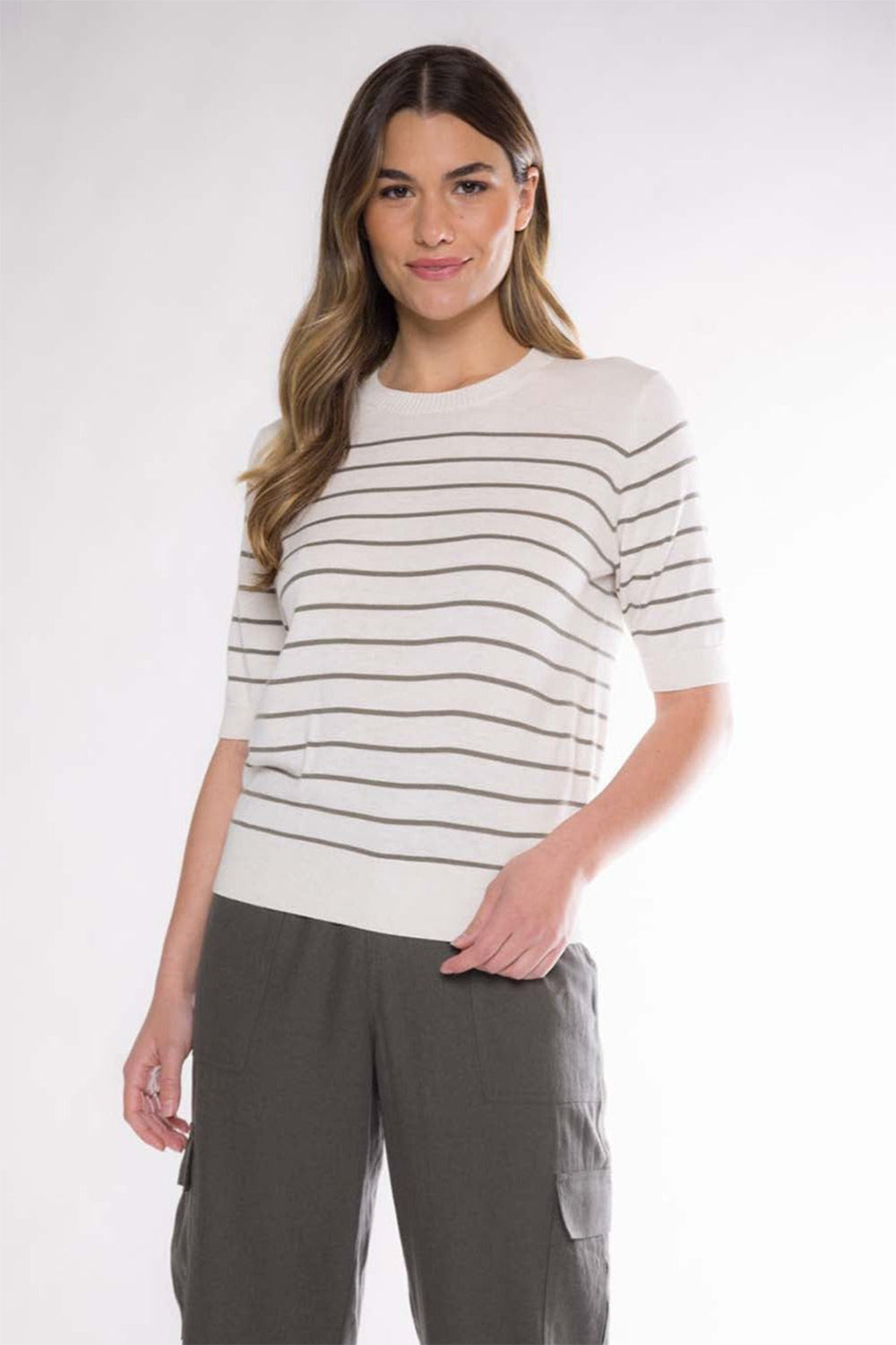 CLAIRE SHORT SLEEVE SWEATER - IVORY/OLIVE