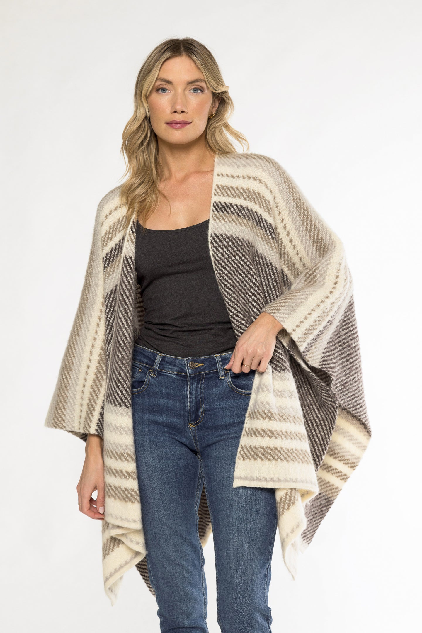 STRIPE PONCHO - TAUPE