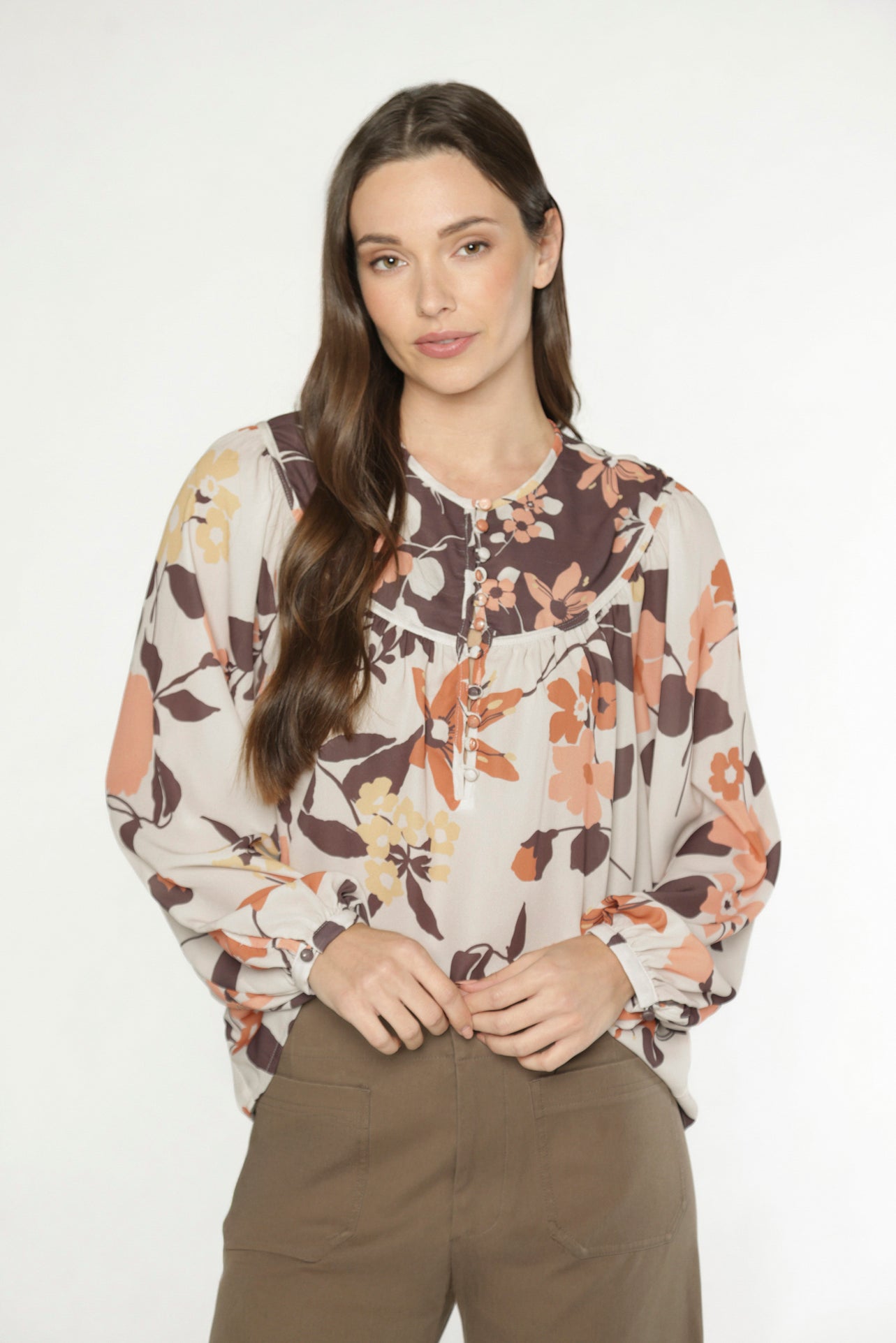 AVA BUTTON BLOUSE - TAUPE/BROWN