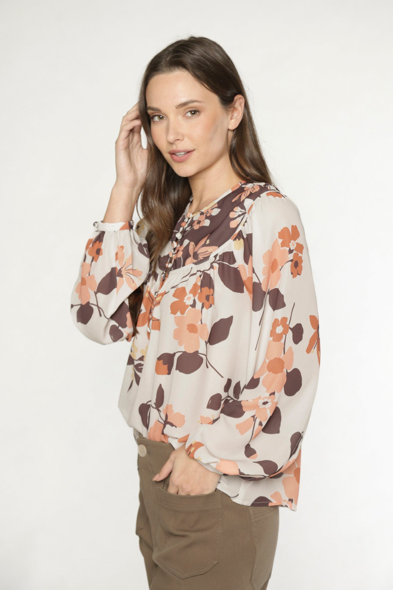 AVA BUTTON BLOUSE - TAUPE/BROWN